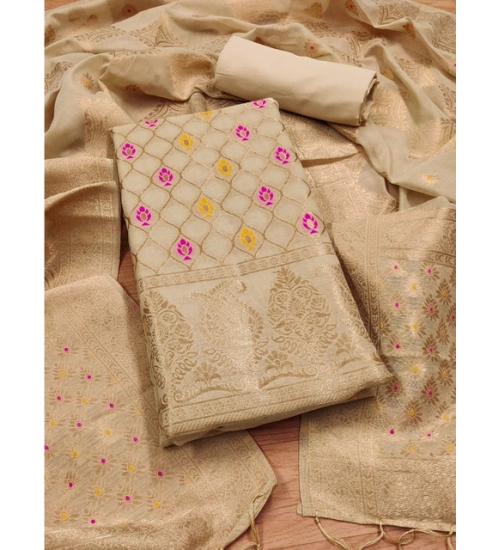 Women's Banarasi Silk Printed Unstitched Salwar Suit Material With Dupatta (Cream, 3Mtrs)