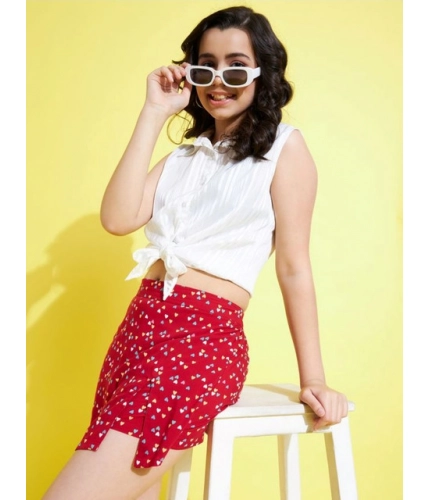 Girl's Polyester Lurex Printed Sleeveless Skorts Set (White-Red)
