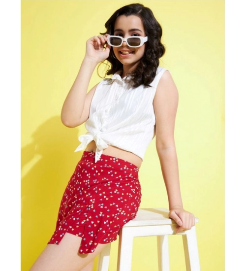 Girl's Polyester Lurex Printed Sleeveless Skorts Set (White-Red)