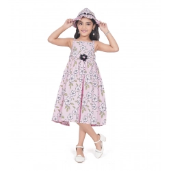 Girl's Cotton Printed Sleeve Less Round Neck Dress (Pink)