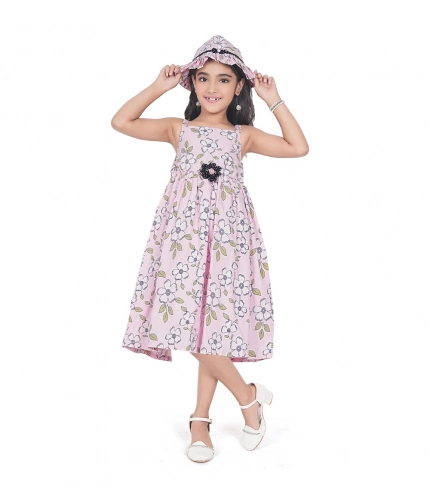 Girl's Cotton Printed Sleeve Less Round Neck Dress (Pink)