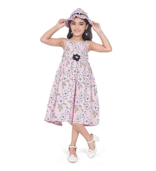 Girl's Cotton Printed Sleeve Less Round Neck Dress (Pink)