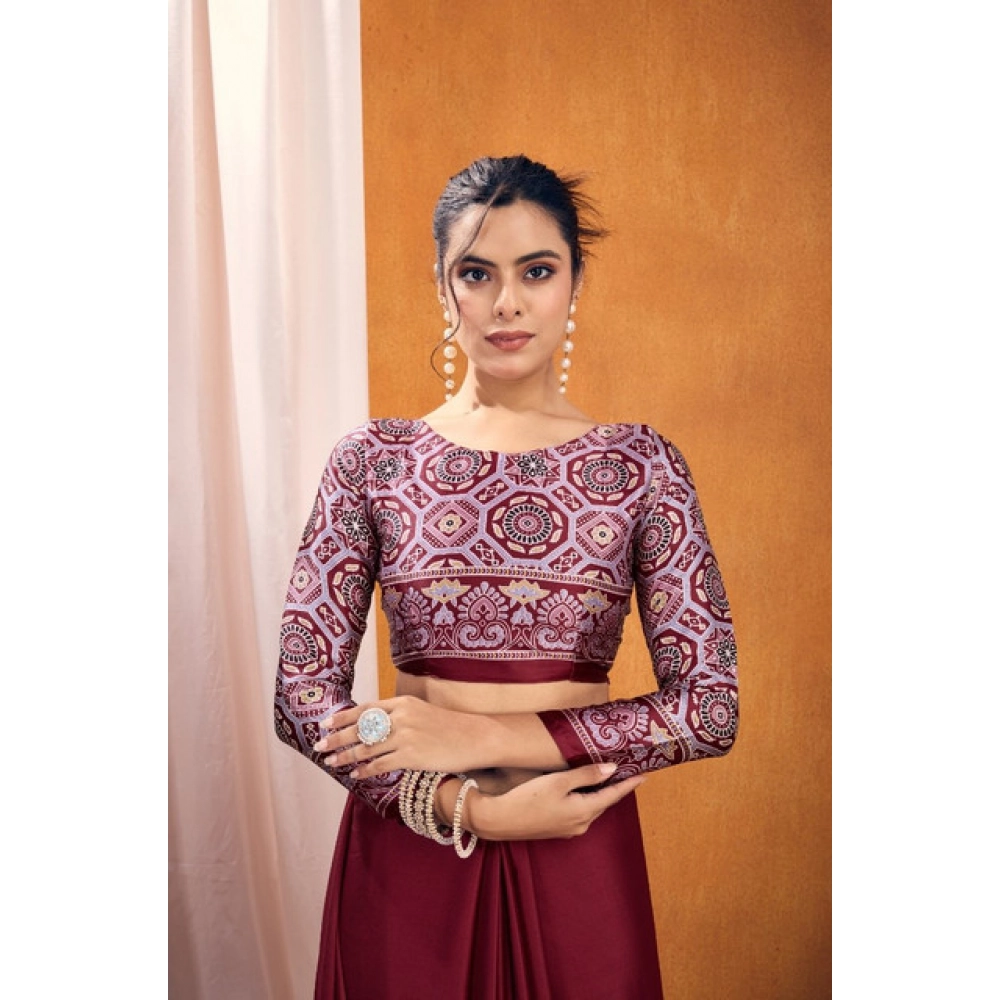 Women's Satin Crepe Printed Saree With Unstitched Blouse 5.5Mtr (Maroon)