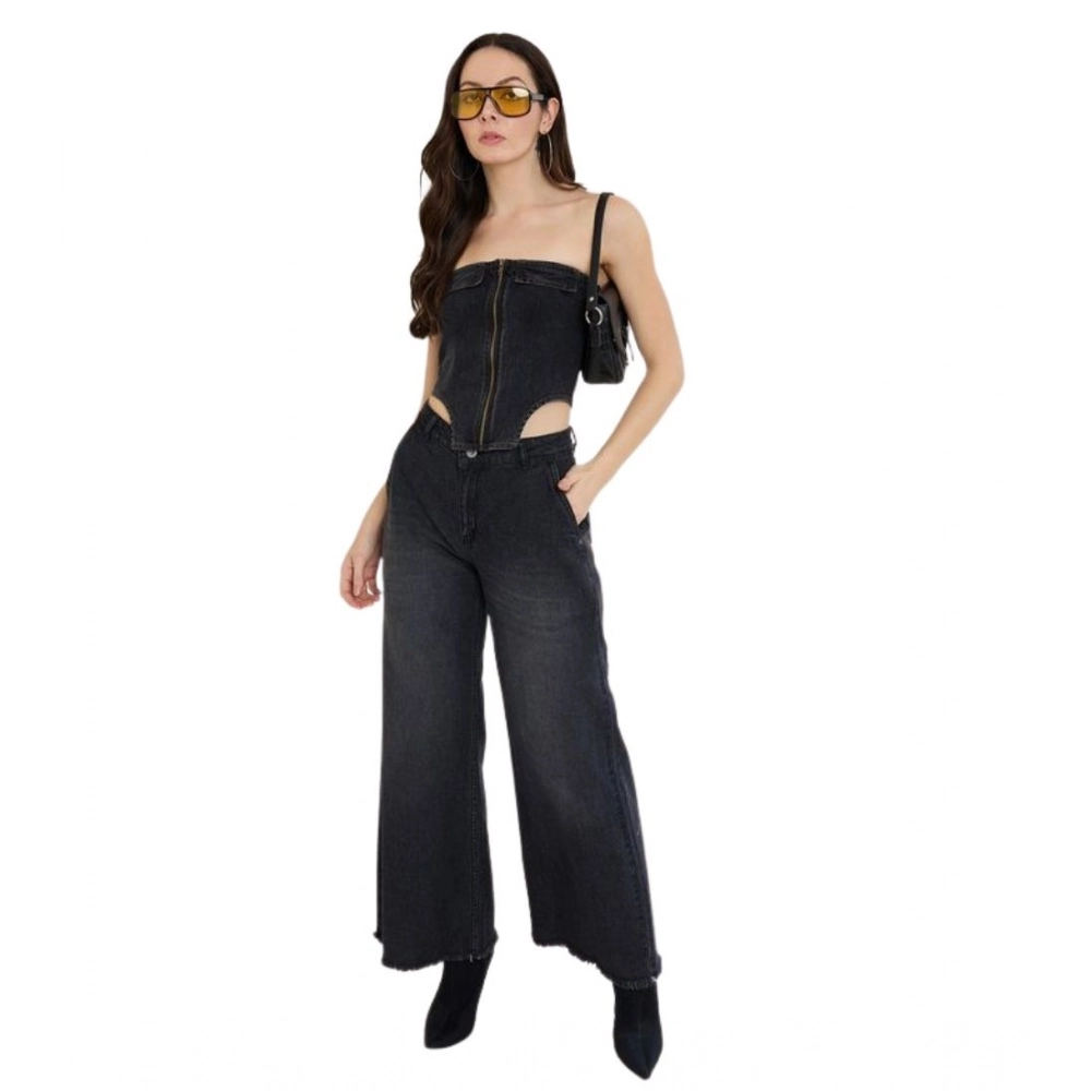 Women's Denim Lycra Solid Sleeveless Top (Black) Women's Denim Lycra Solid Sleeveless Top (Black)