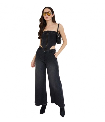 Women's Denim Lycra Solid Sleeveless Top (Black)