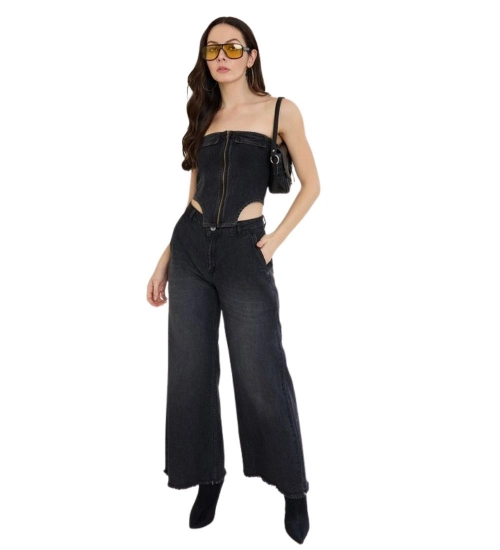 Women's Denim Lycra Solid Sleeveless Top (Black)