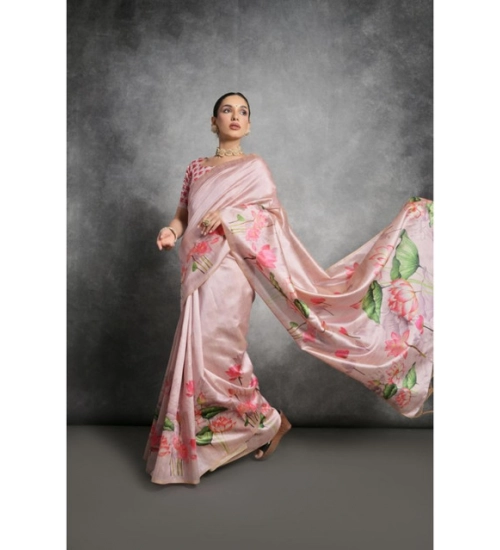 Women's Cotton Printed Saree With Unstitched Blouse 5.5 Mtr (Pink)