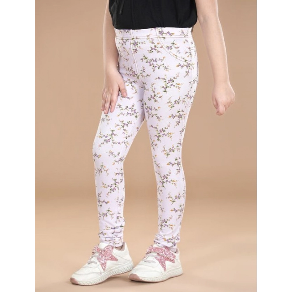 Girl's Cotton Lycra Floral Elasticated Jeggings (Multicolor) Girl's Cotton Lycra Floral Elasticated Jeggings (Multicolor)