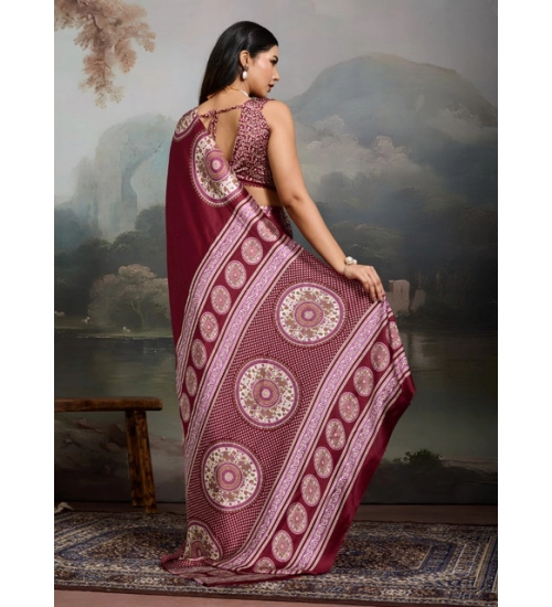 Women's Satin Crepe Printed Saree With Unstitched Blouse 5.5Mtr (Maroon)