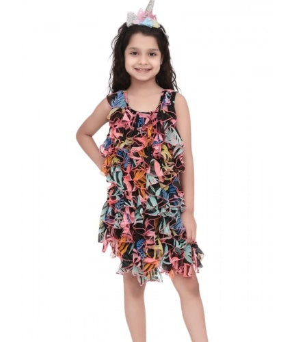 Girl's Chiffon Ruffled Sleeveless Dress (Black)