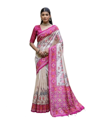 Women's Faux_Tussar Floral Jal With Patola Print Saree With Unstitched Blouse 5.5Mtr (Pink)