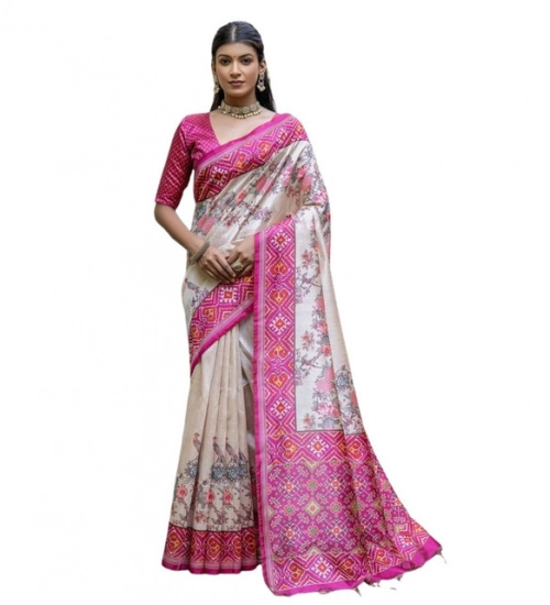 Women's Faux_Tussar Floral Jal With Patola Print Saree With Unstitched Blouse 5.5Mtr (Pink)