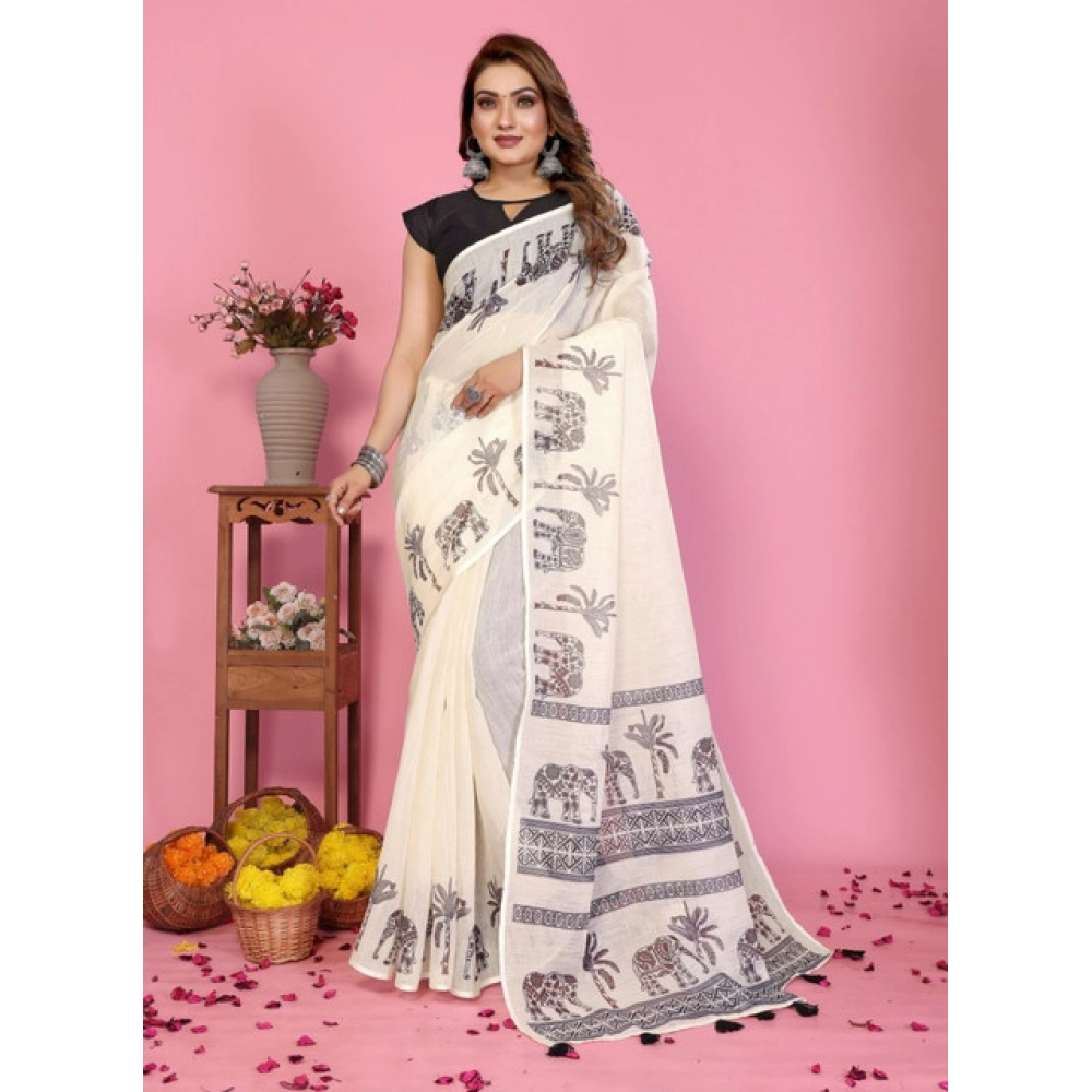 Women's Linen Cotton Printed Saree With Unstitched Blouse 5.5Mtr (Off White)