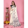 Women's Linen Cotton Printed Saree With Unstitched Blouse 5.5Mtr (Off White)