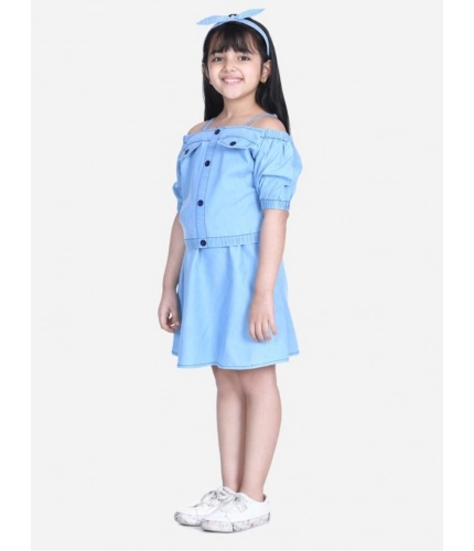 Girl's Denim Solid Cold Shoulder Top and Skirt Set (Light Blue)