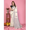 Women's Linen Cotton Printed Saree With Unstitched Blouse 5.5Mtr (Off White)