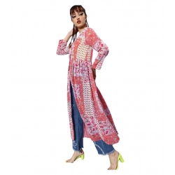 Women's Polyester Floral Long Sleeves Shrug (Pink-Coral)