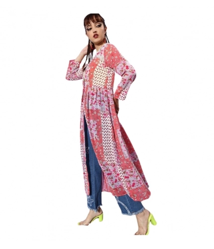 Women's Polyester Floral Long Sleeves Shrug (Pink-Coral)