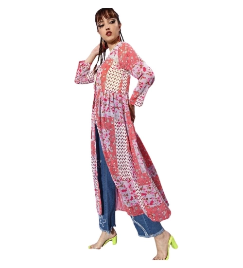 Women's Polyester Floral Long Sleeves Shrug (Pink-Coral)