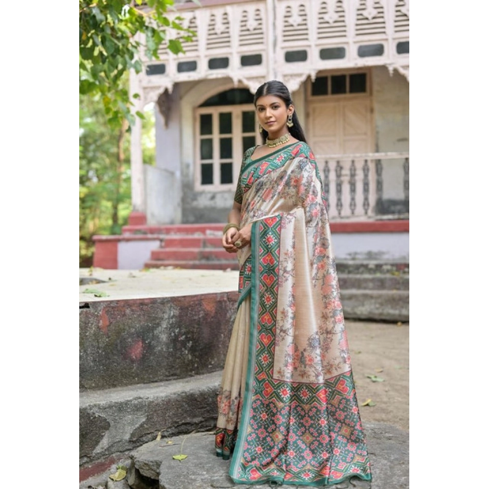 Women's Faux_Tussar Floral Jal With Patola Print Saree With Unstitched Blouse 5.5Mtr (Teal) Women's Faux_Tussar Floral Jal With Patola Print Saree With Unstitched Blouse 5.5Mtr (Teal)