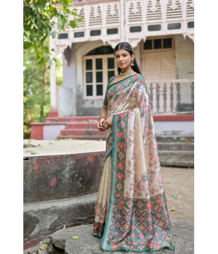 Women's Faux_Tussar Floral Jal With Patola Print Saree With Unstitched Blouse 5.5Mtr (Teal)
