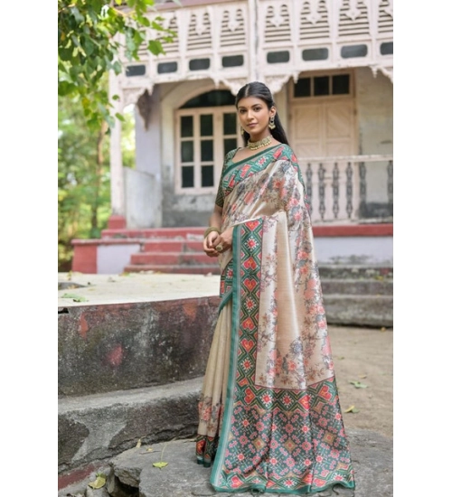 Women's Faux_Tussar Floral Jal With Patola Print Saree With Unstitched Blouse 5.5Mtr (Teal)