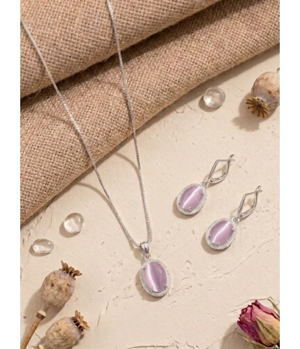 Women's Brass Silver Plated Pendant Set (Pink)