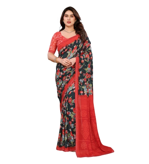 Women's Georgette Printed Saree With Unstitched Blouse 5.5Mtr (Green)