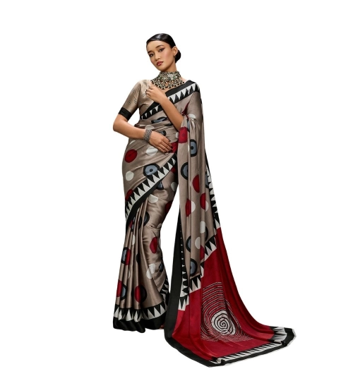 Women's Satin Crepe Printed Saree With Unstitched Blouse 5.5Mtr (Grey)
