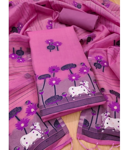 Women's Banarasi Silk Printed Unstitched Salwar Suit Material With Dupatta (Pink, 3Mtrs)