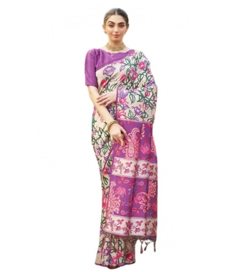 Women's Faux_Tussar Kalamkari_Print Saree With Unstitched Blouse 5.5Mtr (Purple) Women's Faux_Tussar Kalamkari_Print Saree With Unstitched Blouse 5.5Mtr (Purple)