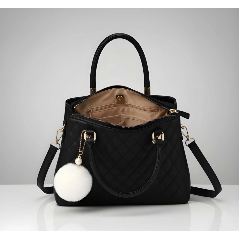 Women's PU Leather Solid Shoulder Zipper Handbag (Black)