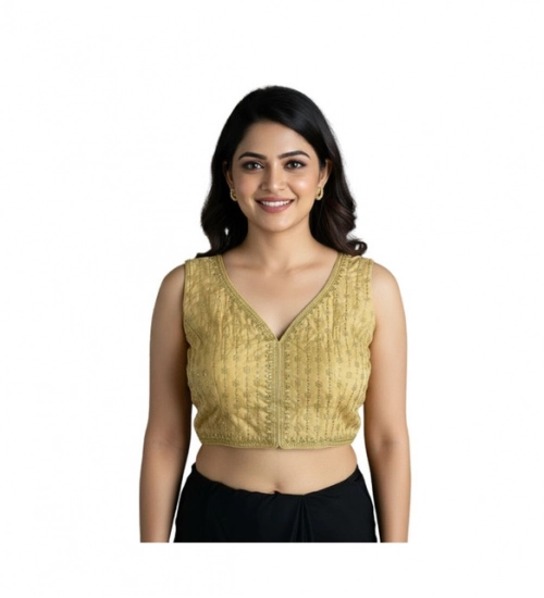 Women's Silk Blend Embroidered V-Neck Non Padded Blouse (Beige 38 Ready (Alterable up to 42)