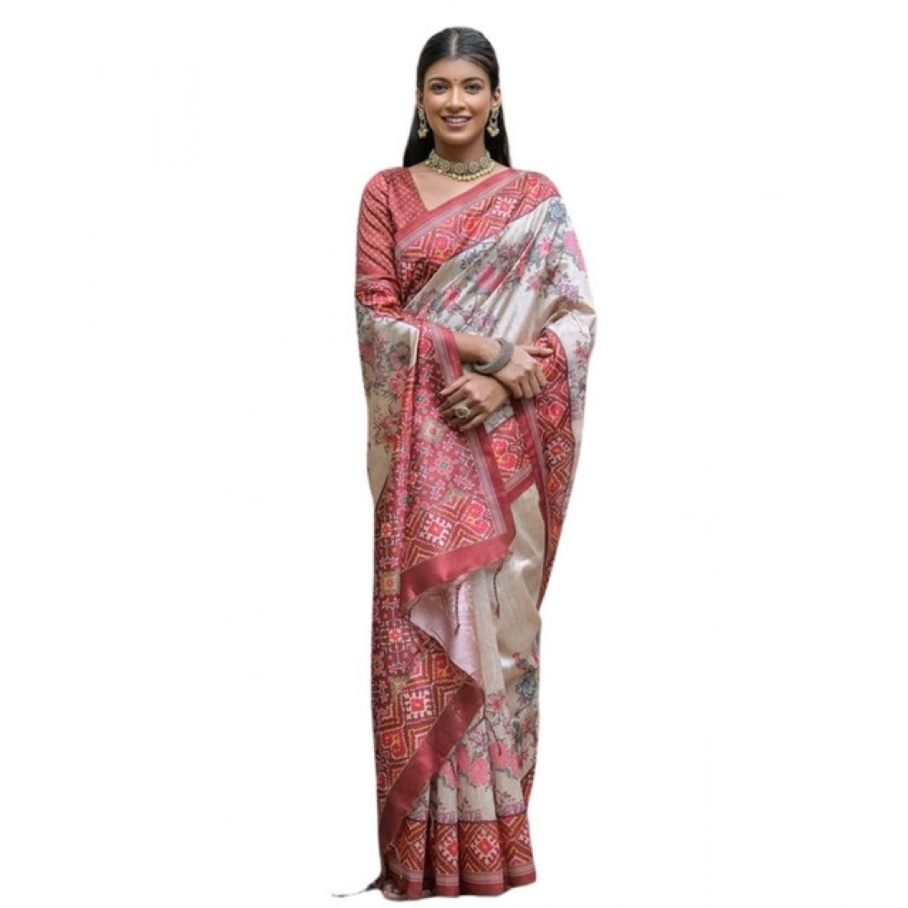 Women's Faux_Tussar Floral Jal With Patola Print Saree With Unstitched Blouse 5.5Mtr (Maroon) Women's Faux_Tussar Floral Jal With Patola Print Saree With Unstitched Blouse 5.5Mtr (Maroon)