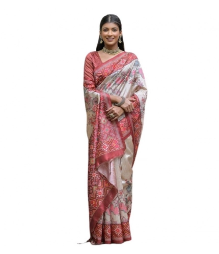 Women's Faux_Tussar Floral Jal With Patola Print Saree With Unstitched Blouse 5.5Mtr (Maroon)