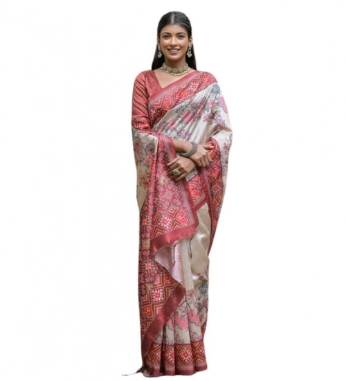 Women's Faux_Tussar Floral Jal With Patola Print Saree With Unstitched Blouse 5.5Mtr (Maroon)