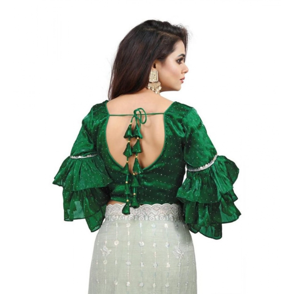 Women's Organza Solid V Neck Layered Ruffle Sleeve Readymade Blouse (Green Free Size , up to 38–40 Bust)-PID65850 Women's Organza Solid V Neck Layered Ruffle Sleeve Readymade Blouse (Green Free Size , up to 38–40 Bust)-PID65850
