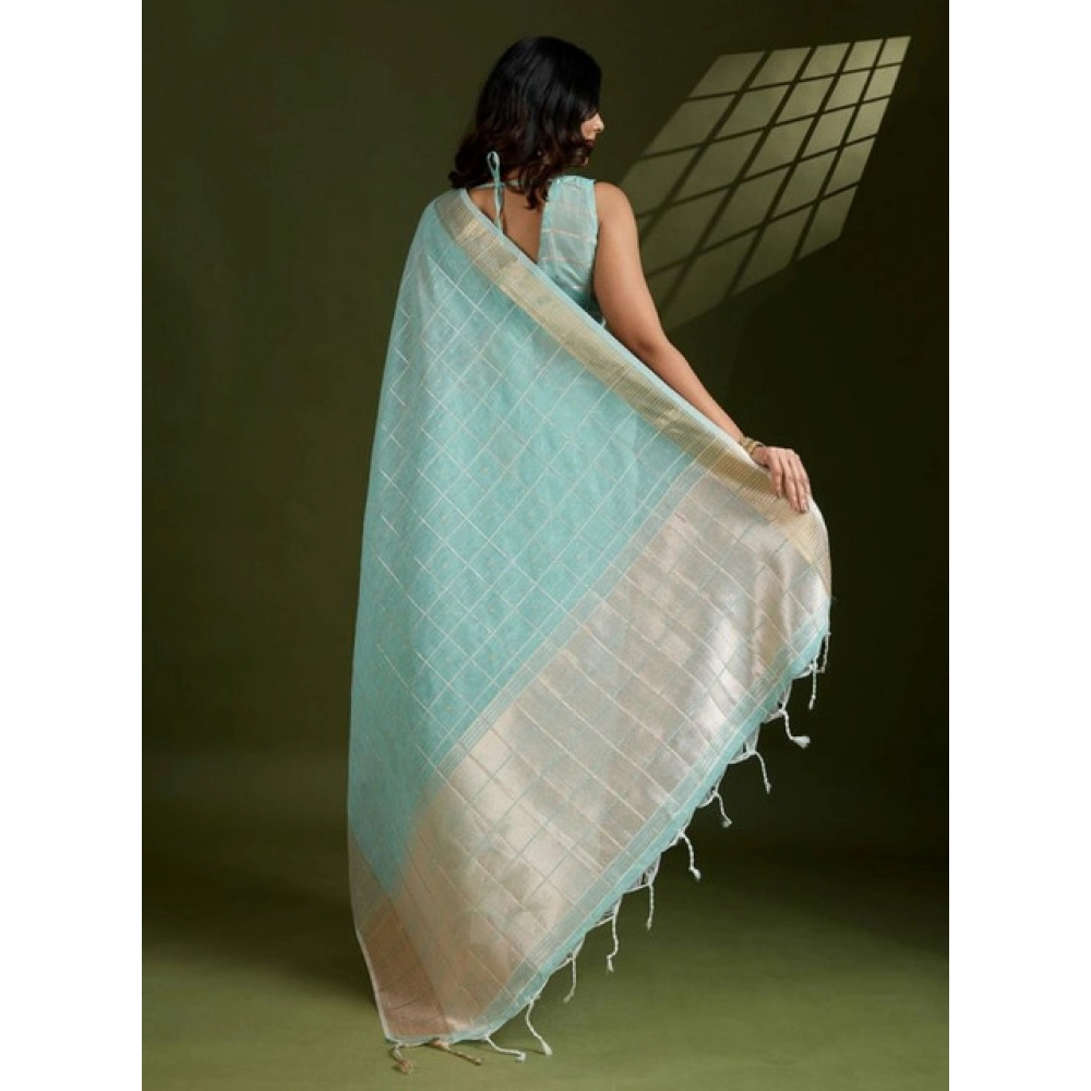 Women's Tissue Checks_With_Buttis Saree With Unstitched Blouse 5.5Mtr (Aqua_Blue) Women's Tissue Checks_With_Buttis Saree With Unstitched Blouse 5.5Mtr (Aqua_Blue)