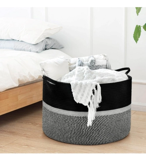Cotton Dori 16x14 Inch Storage Basket For Clothes (Black-Black White)