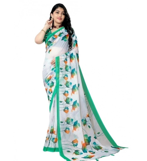 Women's Georgette Floral Printed Saree With Unstitched Blouse 5.5Mtr (Green)