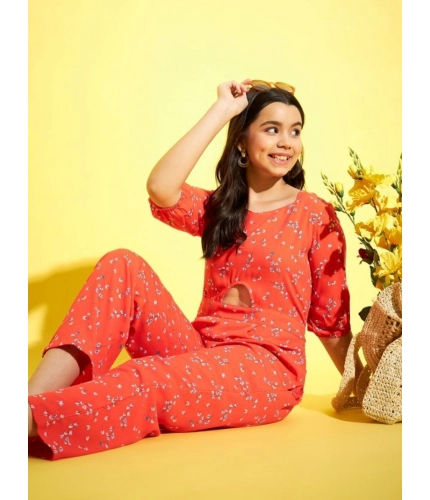 Girl's Polyester Floral 3/4th Sleeve Jumpsuit (Coral)