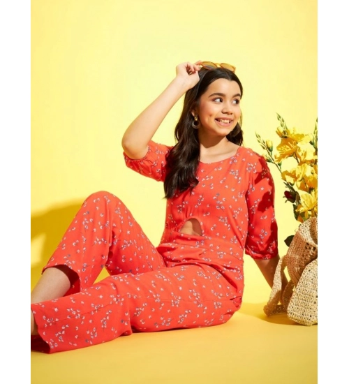 Girl's Polyester Floral 3/4th Sleeve Jumpsuit (Coral)