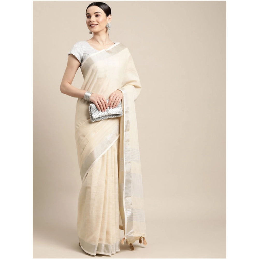 Women's Linen Cotton Printed Saree With Unstitched Blouse 5.5Mtr (Cream) Women's Linen Cotton Printed Saree With Unstitched Blouse 5.5Mtr (Cream)