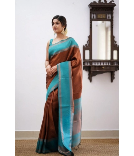 Women's Soft Lichi Silk Printed Saree With Unstitched Blouse 5.5Mtr (Brown) Women's Soft Lichi Silk Printed Saree With Unstitched Blouse 5.5Mtr (Brown)