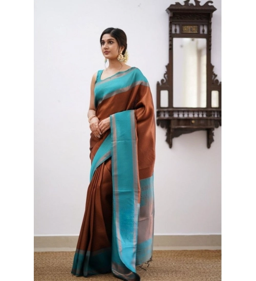 Women's Soft Lichi Silk Printed Saree With Unstitched Blouse 5.5Mtr (Brown)