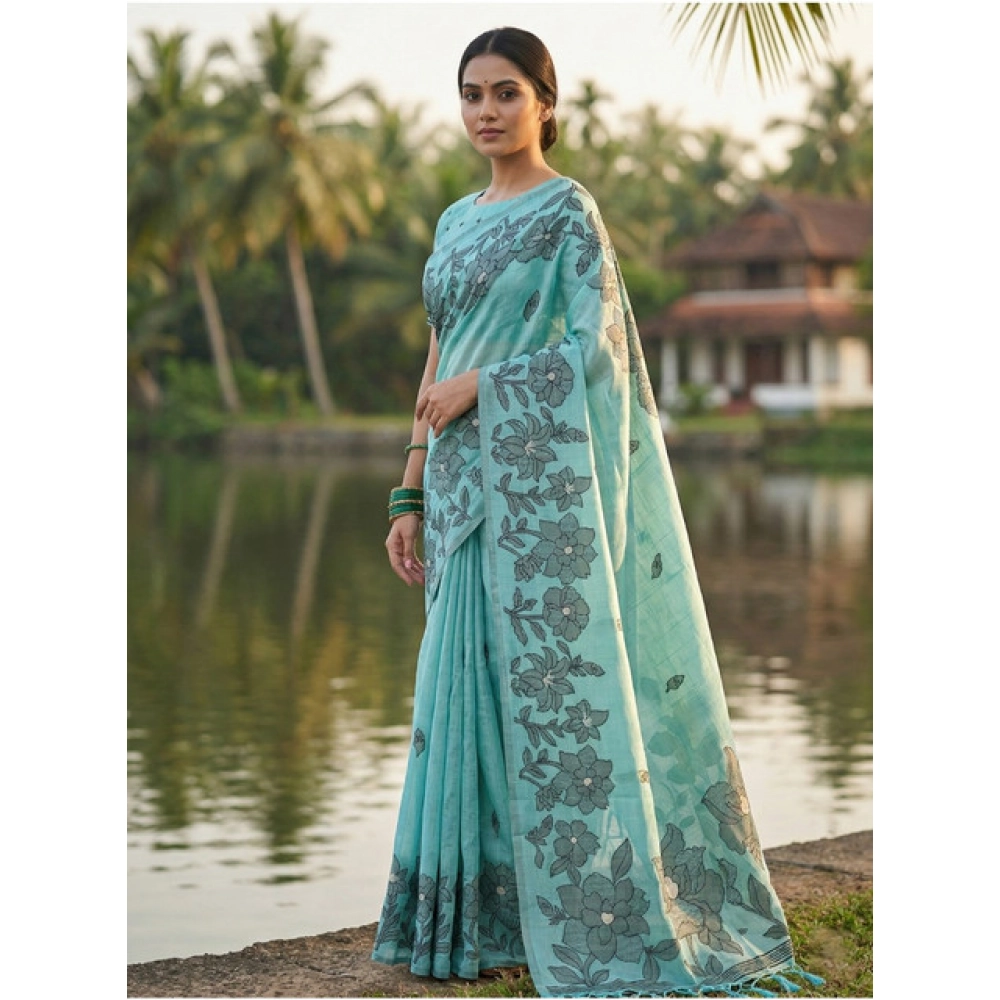 Women's Linen Cotton Printed Saree With Unstitched Blouse 5.5Mtr (Sea Green) Women's Linen Cotton Printed Saree With Unstitched Blouse 5.5Mtr (Sea Green)
