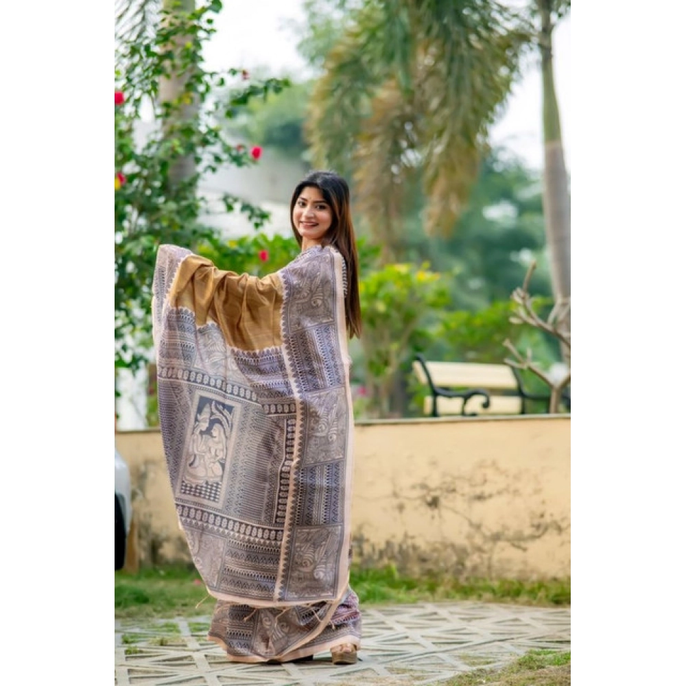 Women's Faux_Tussar Geometric_Print Saree With Unstitched Blouse 5.5Mtr (Mustard) Women's Faux_Tussar Geometric_Print Saree With Unstitched Blouse 5.5Mtr (Mustard)