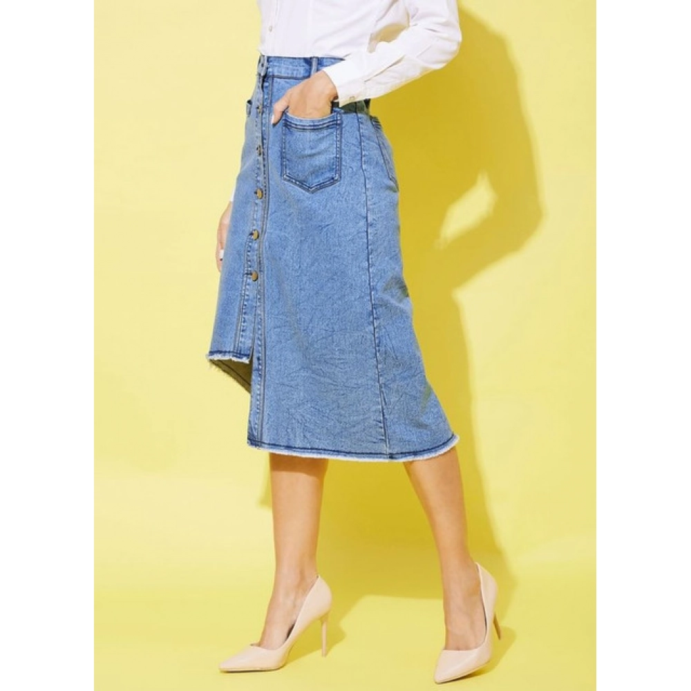 Women's Denim Hi Lo Buttoned Skirt (Blue)