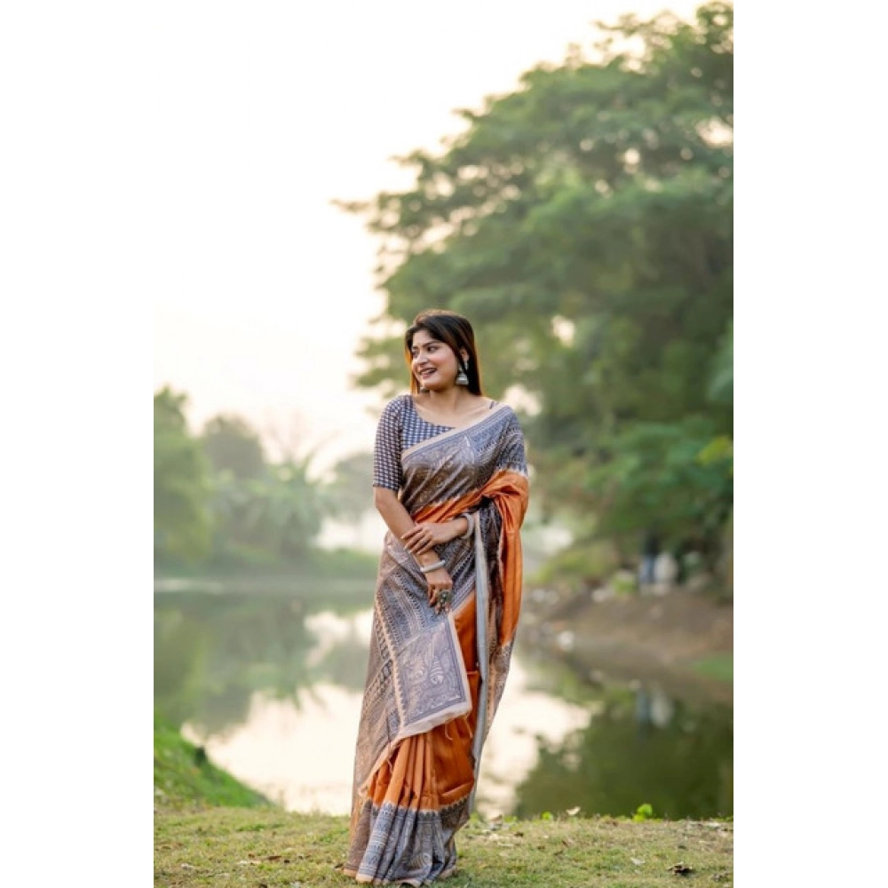 Women's Faux_Tussar Geometric_Print Saree With Unstitched Blouse 5.5Mtr (Rust) Women's Faux_Tussar Geometric_Print Saree With Unstitched Blouse 5.5Mtr (Rust)