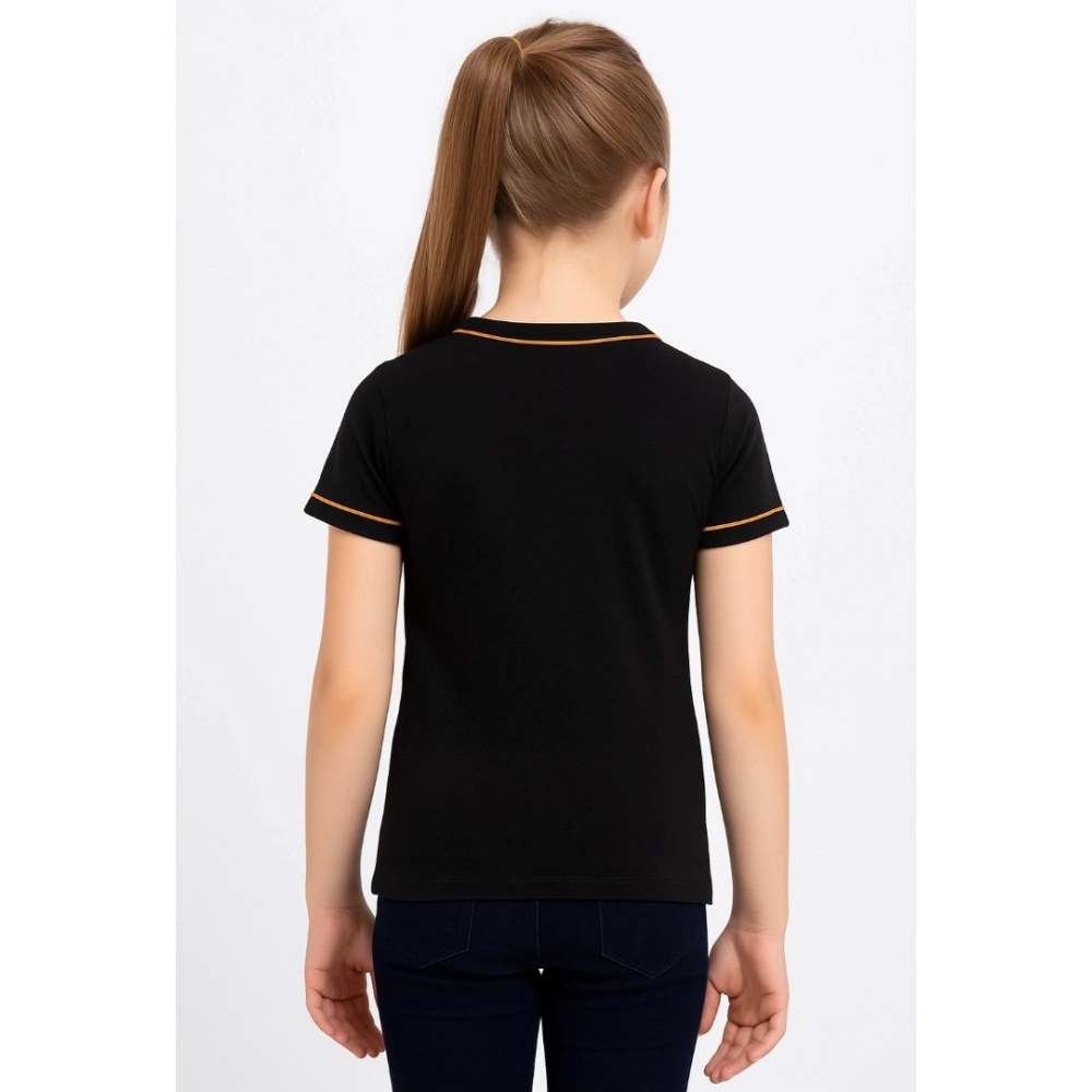 Girl's Cotton Printeded Round Neck T-Shirt (Black)